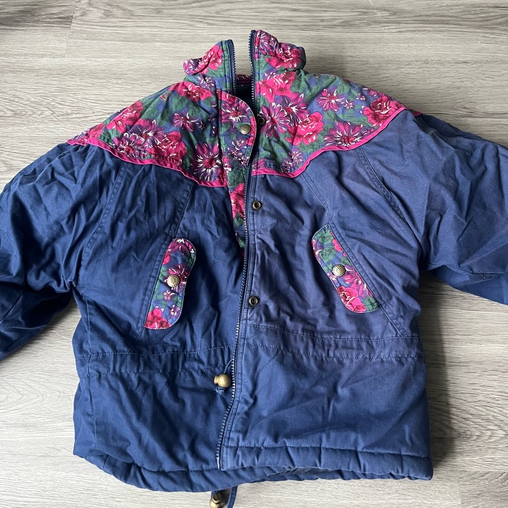 Kids Floral Puffer Jacket - Navy and Pink